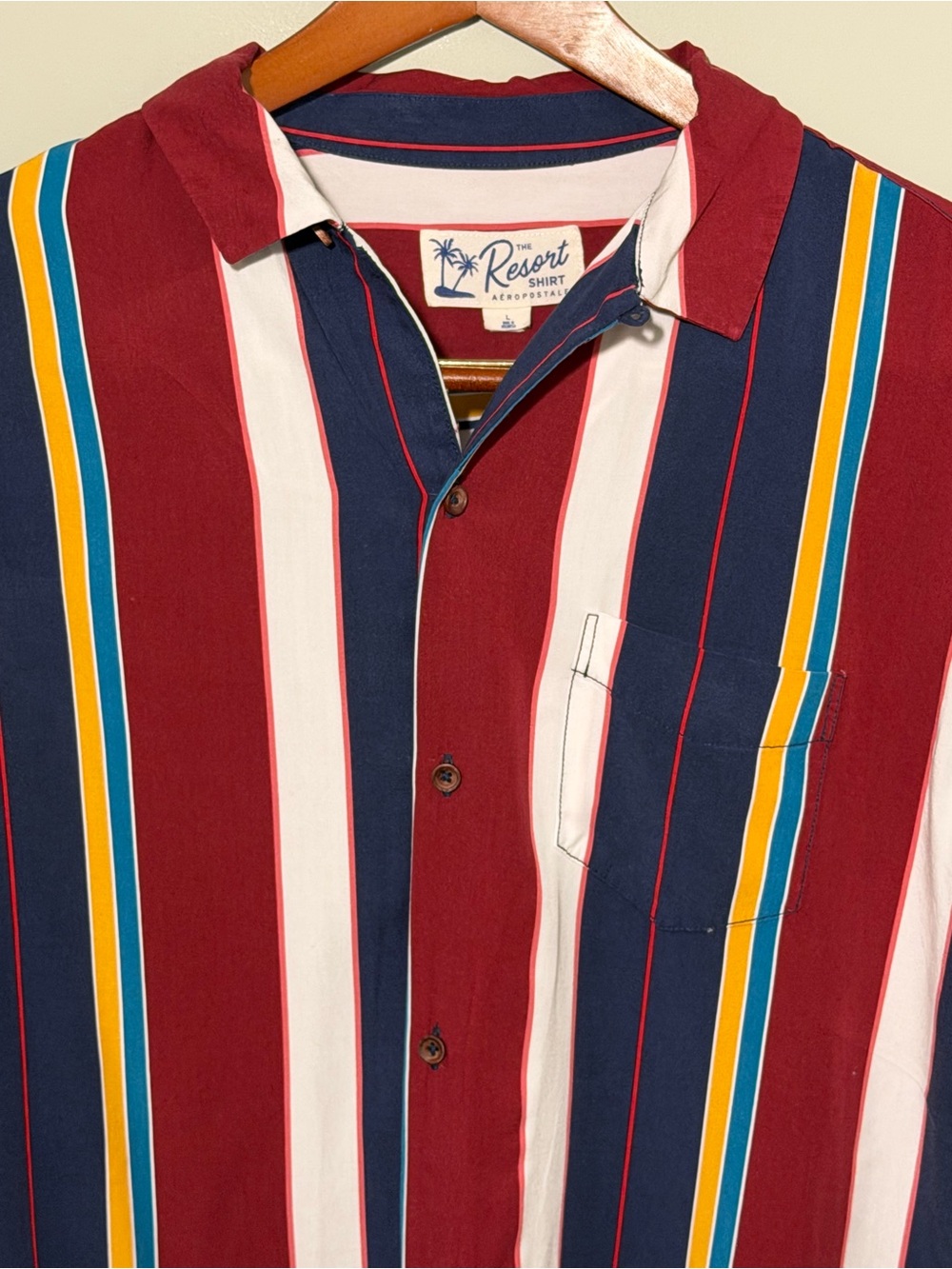 Aeropostale Men's Burgundy, Navy & White Vertical Stripe Button-Up Shirt. Rayon